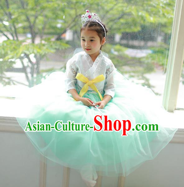 Korean National Handmade Formal Occasions Embroidered White Blouse and Green Veil Dress, Asian Korean Girls Palace Hanbok Costume for Kids