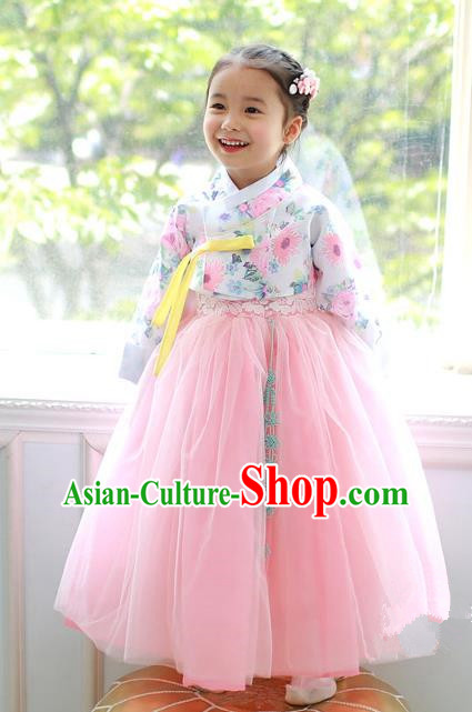 Korean National Handmade Formal Occasions Printing Blouse and Pink Veil Dress, Asian Korean Girls Palace Hanbok Costume for Kids