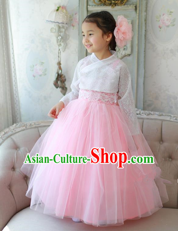 Korean National Handmade Formal Occasions White Lace Blouse and Pink Veil Dress, Asian Korean Girls Palace Hanbok Costume for Kids