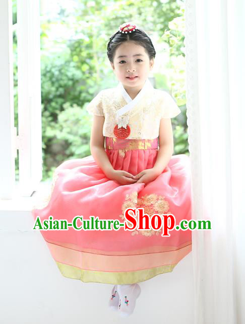 Traditional Korean National Handmade Formal Occasions Girls Palace Hanbok Costume Embroidered Beige Blouse and Pink Dress for Kids