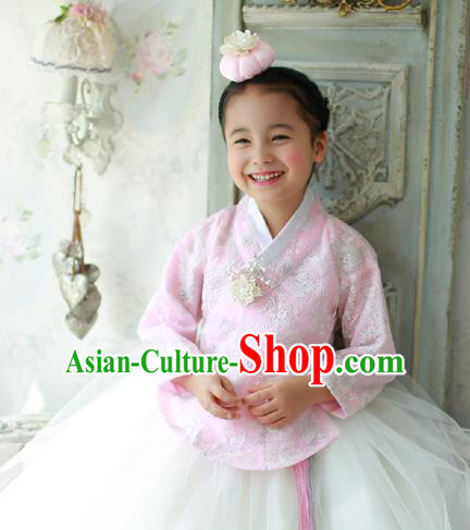 Traditional Korean National Handmade Formal Occasions Girls Palace Hanbok Costume Embroidered Pink Blouse and White Dress for Kids