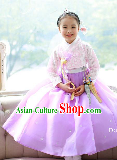 Korean National Handmade Formal Occasions Embroidered Pink Blouse and Purple Dress, Asian Korean Girls Palace Hanbok Costume for Kids