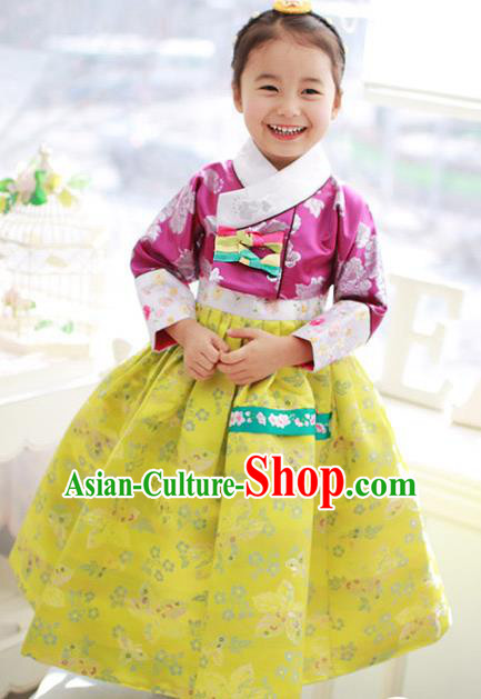 Korean National Handmade Formal Occasions Embroidered Rosy Blouse and Yellow Dress Hanbok Costume for Kids