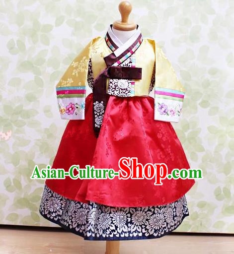 Korean National Handmade Formal Occasions Embroidered Yellow Blouse and Red Dress Hanbok Costume for Kids