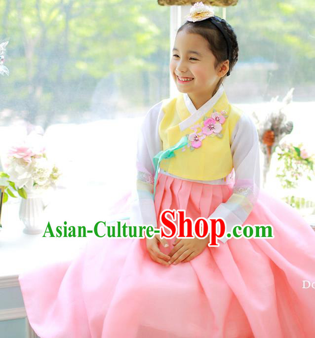 Asian Korean National Handmade Formal Occasions Embroidered Yellow Blouse and Pink Dress Hanbok Costume for Kids
