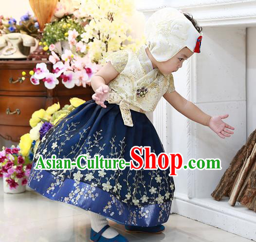 Asian Korean National Handmade Formal Occasions Embroidered Yellow Blouse and Blue Dress Hanbok Costume for Kids