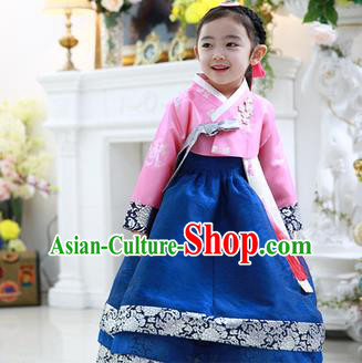 Korean National Handmade Formal Occasions Embroidered Pink Blouse and Blue Dress, Asian Korean Girls Palace Hanbok Costume for Kids