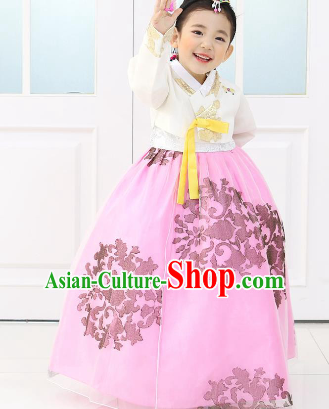 Korean National Handmade Formal Occasions Embroidered White Blouse and Pink Dress, Asian Korean Girls Palace Hanbok Costume for Kids