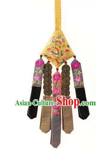 Traditional Korean Accessories Yellow Waist Pendant Embroidered Palace Taeniasis, Asian Korean Wedding Hanbok Copper Cash Tassel Waist Decorations for Women