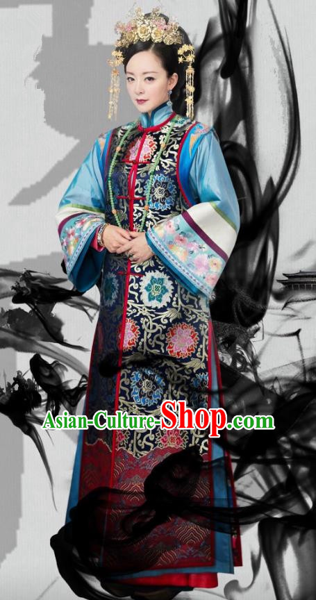 Traditional Chinese Qing Dynasty Imperial Empress Costume and Headpiece Complete Set, China Ancient Manchu Palace Lady Mandarin Embroidered Clothing for Women