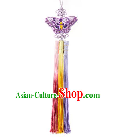 Traditional Korean Accessories Embroidered Purple Butterfly Waist Pendant Chinese Knot Palace Taeniasis, Asian Korean Wedding Hanbok Tassel Waist Decorations for Women