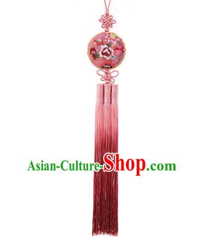 Korean National Accessories Bride Embroidered Pink Waist Pendant, Asian Korean Wedding Hanbok Tassel Waist Decorations for Women