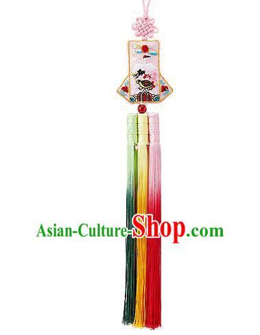 Korean National Accessories Bride Embroidered Crane Pink Waist Pendant, Asian Korean Wedding Hanbok Tassel Waist Decorations for Women