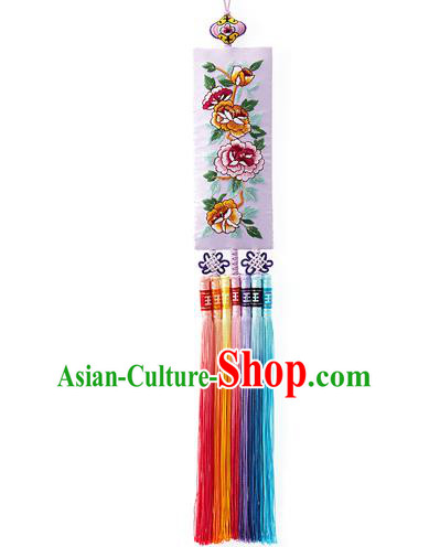 Asian Korean Hanbok Embroidered Peony Tassel Waist Decorations, Korean National Belts Accessories Wedding Bride Waist Pendant for Women