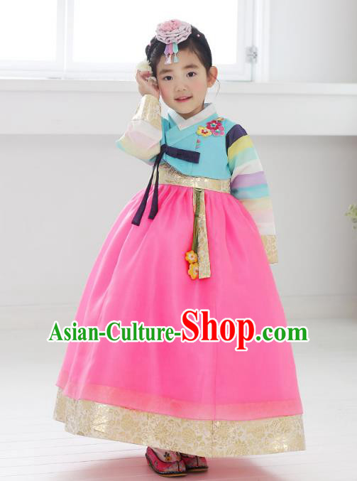 Asian Korean National Handmade Formal Occasions Embroidered Blue Blouse and Pink Dress Hanbok Costume for Kids