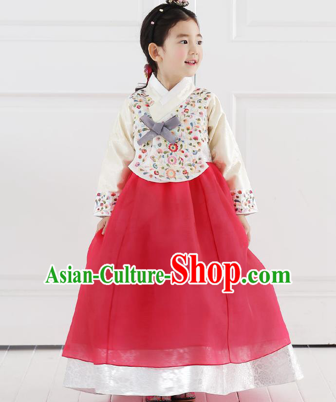 Asian Korean National Handmade Formal Occasions Embroidered Blouse and Red Dress Hanbok Costume for Kids