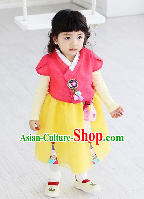 Asian Korean National Handmade Formal Occasions Embroidered Pink Blouse and Yellow Dress Hanbok Costume for Kids
