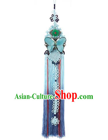Korean National Belts Accessories Bride Wedding Hanbok Blue Butterfly Waist Pendant, Asian Korean Chinese Knot Tassel Waist Decorations for Women