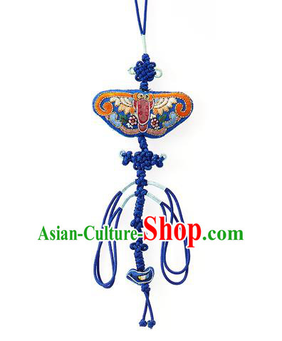 Korean National Belts Accessories Bride Wedding Hanbok Embroidered Blue Waist Pendant, Asian Korean Waist Decorations for Women
