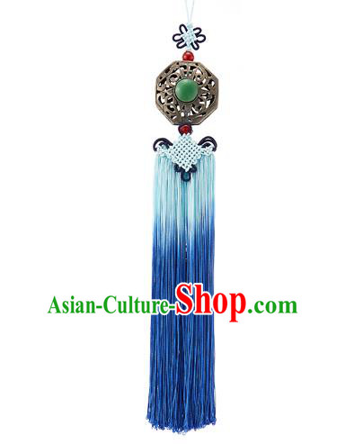 Asian Korean Chinese Knot Blue Tassel Jade Waist Decorations, Korean National Belts Accessories Bride Wedding Hanbok Waist Pendant for Women