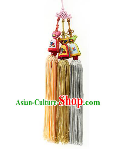 Asian Korean Hanbok Chinese Knot Embroidered Bells Tassel Waist Decorations, Korean National Belts Accessories Wedding Bride Waist Pendant for Women