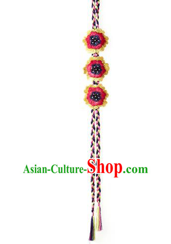 Asian Korean Hanbok Embroidered Red Flower Tassel Waist Decorations, Korean National Belts Accessories Wedding Bride Waist Pendant for Women