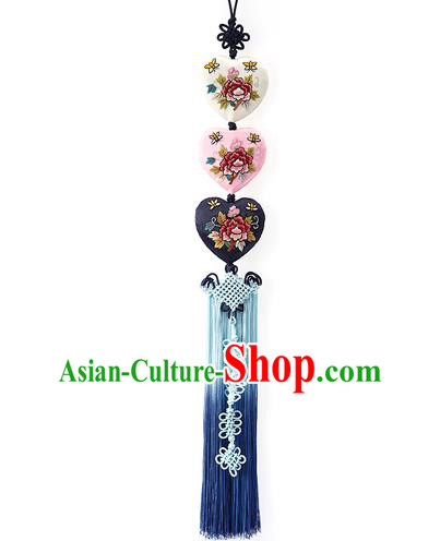Asian Korean Hanbok Embroidered Flowers Blue Tassel Waist Decorations, Korean National Belts Accessories Wedding Bride Waist Pendant for Women