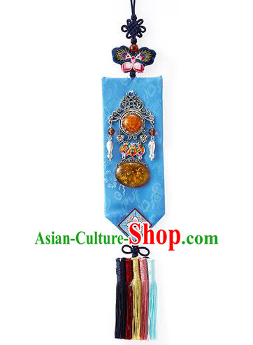 Asian Korean Hanbok Embroidered Blue Waist Decorations, Korean National Belts Accessories Wedding Bride Waist Pendant for Women