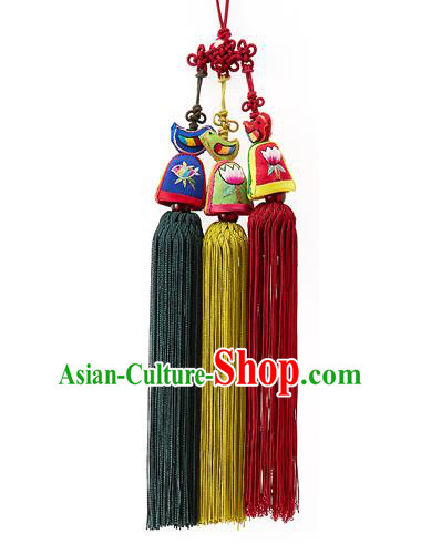 Korean National Belts Accessories Bride Wedding Hanbok Embroidered Bells Tassel Waist Pendant, Asian Korean Waist Decorations for Women