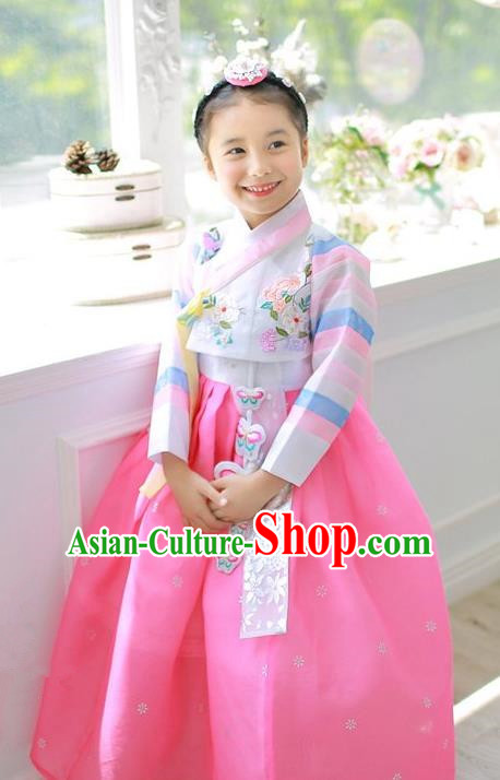 Asian Korean National Handmade Formal Occasions Embroidered White Blouse and Pink Dress Hanbok Costume for Kids