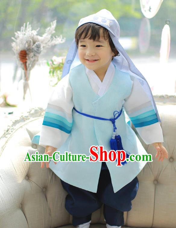 Asian Korean National Traditional Handmade Formal Occasions Boys Embroidery Light Blue Hanbok Costume Complete Set for Kids