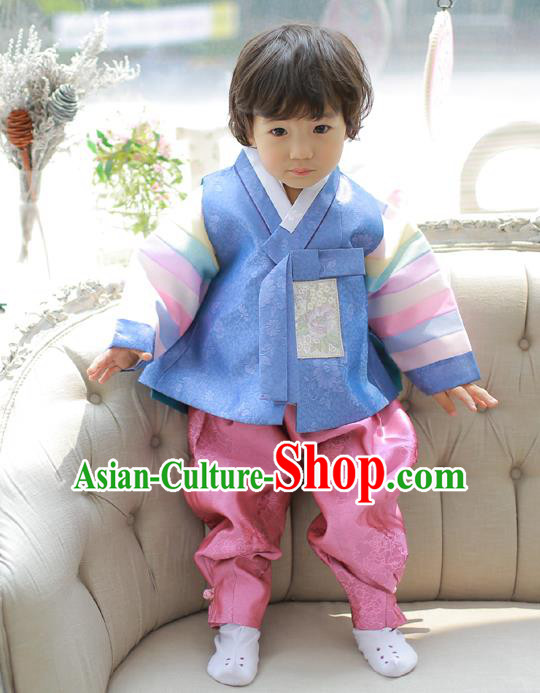 Asian Korean National Traditional Handmade Formal Occasions Boys Prince Embroidered Blue Hanbok Costume Complete Set for Kids