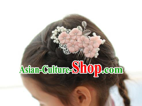 Korean National Hair Accessories Pink Flowers Hair Comb, Asian Korean Hanbok Fashion Headwear Hair Stick for Kids