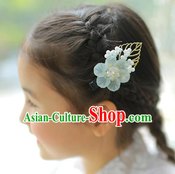 Korean National Hair Accessories Blue Flowers Hair Claw, Asian Korean Hanbok Fashion Headwear Hair Stick for Kids