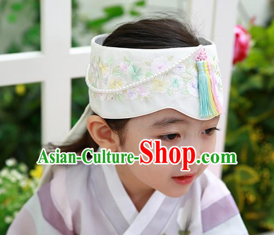 Traditional Korean Hair Accessories Bride Embroidered Flowers White Tassel Hats, Asian Korean Fashion Hanbok Headwear for Girls