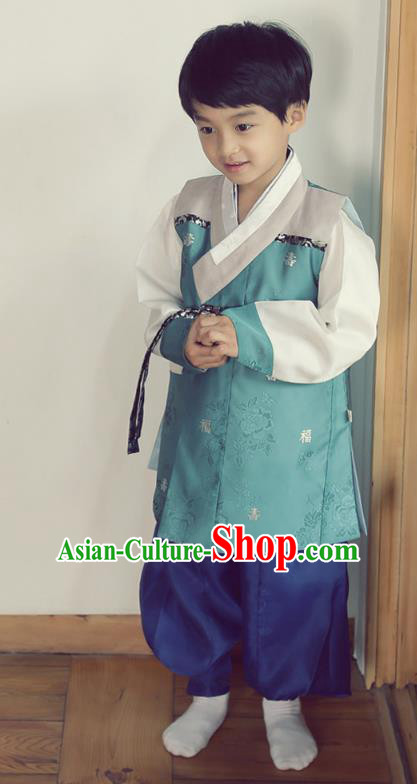 Asian Korean National Handmade Formal Occasions Embroidered Palace Prince Dark Green Hanbok Costume Complete Set for Boys