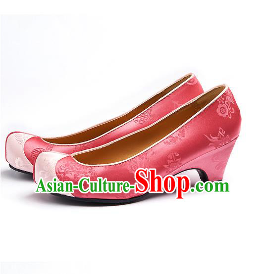 Traditional Korean National Wedding Embroidered Pink Shoes, Asian Korean Hanbok Bride Embroidery Satin Shoes for Women