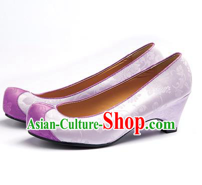 Traditional Korean National Wedding Lilac Embroidered Shoes, Asian Korean Hanbok Bride Embroidery Satin High-heeled Shoes for Women