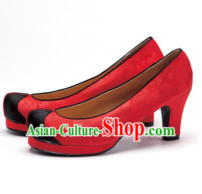 Traditional Korean National Wedding Shoes Red Embroidered Shoes, Asian Korean Hanbok High-heeled Court Shoes for Women