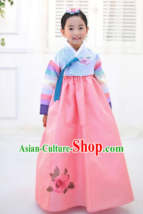 Asian Korean National Handmade Formal Occasions Wedding Embroidered Blue Blouse and Pink Dress Traditional Palace Hanbok Costume for Kids