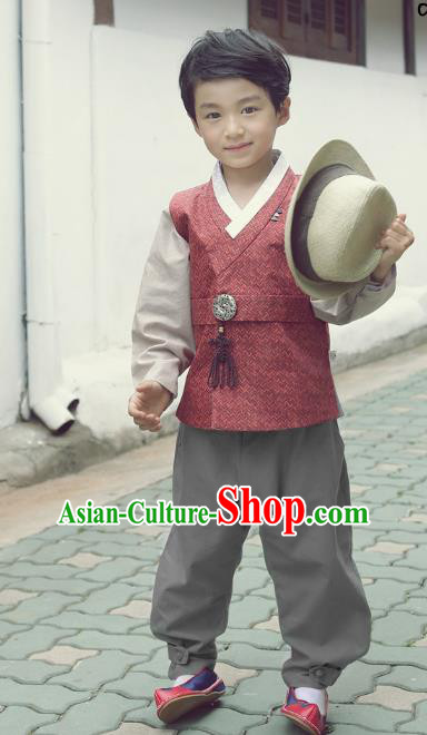 Asian Korean National Traditional Handmade Formal Occasions Boys Embroidery Red Vest Hanbok Costume Complete Set for Kids