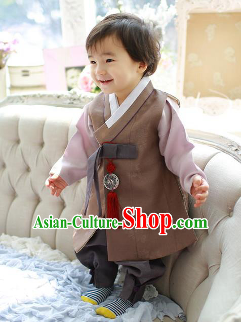 Asian Korean National Traditional Handmade Formal Occasions Boys Embroidery Brown Vest Hanbok Costume Complete Set for Kids