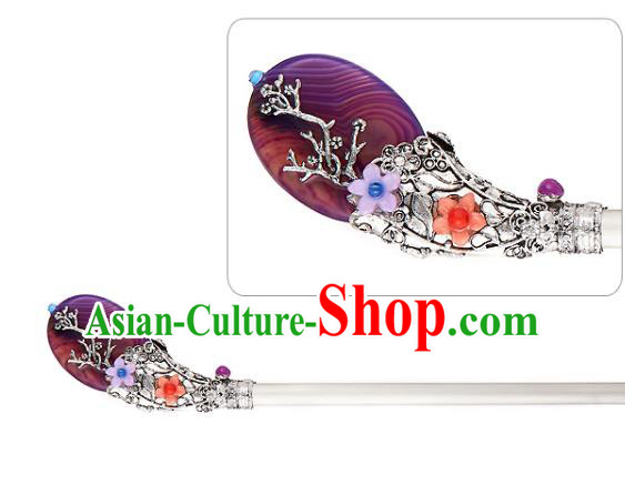 Traditional Korean National Hair Accessories Bride Wedding Purple Hairpins, Asian Korean Hanbok Fashion Headwear Hair Stick for Women