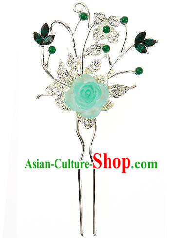 Traditional Korean National Wedding Hair Accessories Bride Palace Green Flower Hairpins, Korean Hanbok Fashion Hair Stick Headwear for Women