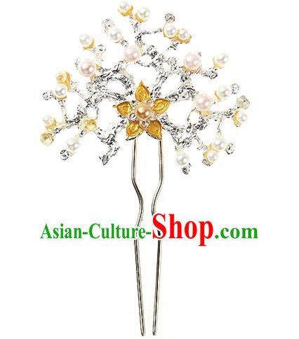 Traditional Korean National Wedding Hair Accessories Bride Palace Cyphers Yellow Flower Pearls Crystal Hairpins, Korean Hanbok Fashion Hair Stick Headwear for Women