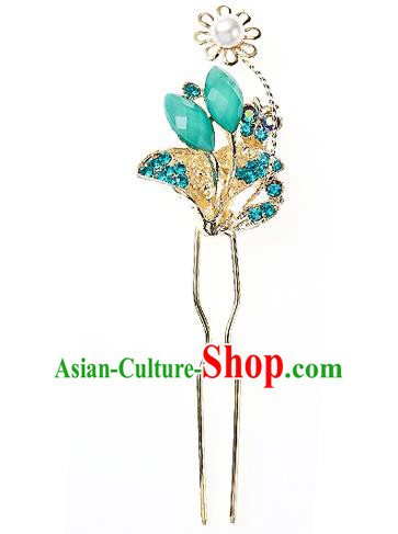 Traditional Korean National Hair Accessories Bride Wedding Green Butterfly Crystal Hairpins, Asian Korean Hanbok Fashion Headwear Hair Stick for Women