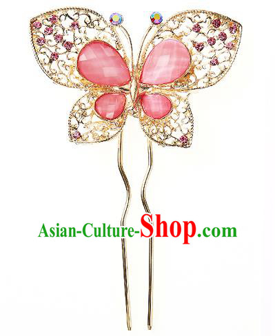 Traditional Korean National Hair Accessories Bride Wedding Pink Butterfly Crystal Hairpins, Asian Korean Hanbok Fashion Headwear Hair Stick for Women