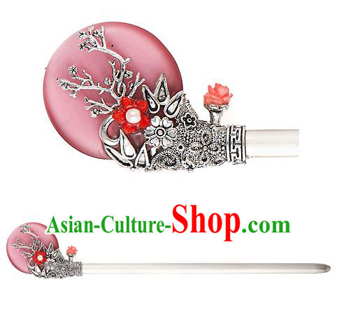 Traditional Korean National Hair Accessories Bride Wedding Pink Hairpins, Asian Korean Hanbok Fashion Headwear Hair Stick for Women