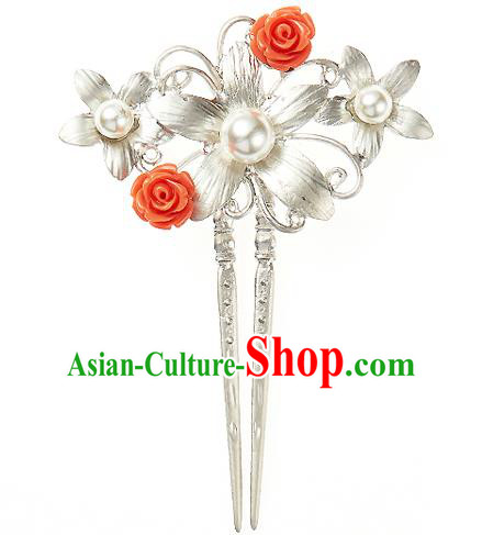 Traditional Korean National Hair Accessories Pearls Flowers Hairpins, Korean Palace Hanbok Fashion Headwear for Women