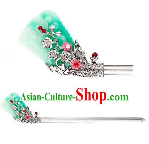 Traditional Korean National Hair Accessories Green Colored Glaze Hair Stick Hairpins, Korean Palace Hanbok Fashion Headwear for Women